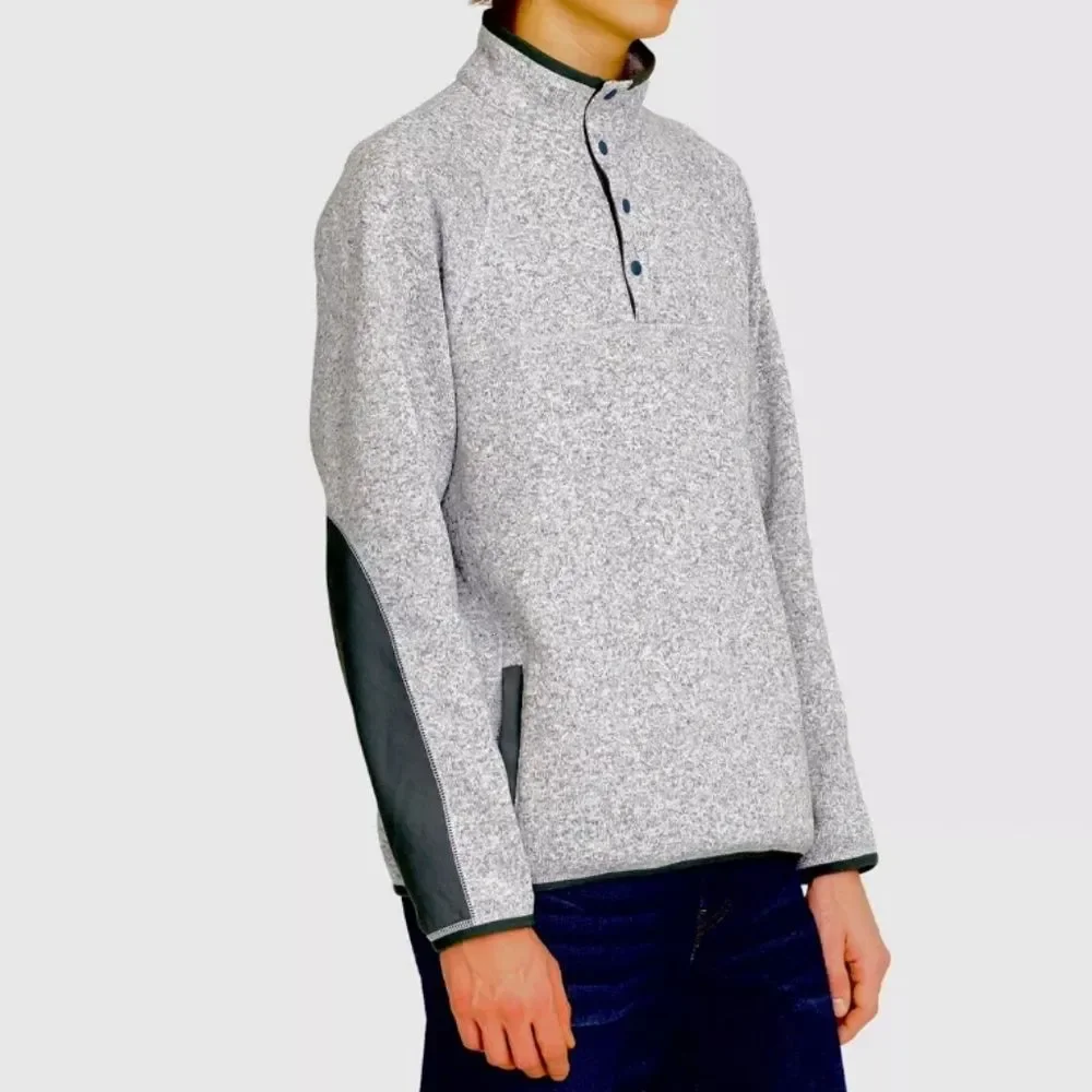 J.Crew Sweater Fleece Button Mock neck Pullover Sweatshirt Light Grey Nordic XL
